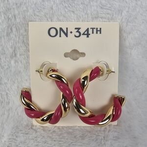 On 34th Pink and Gold Swirly Hoop Earrings